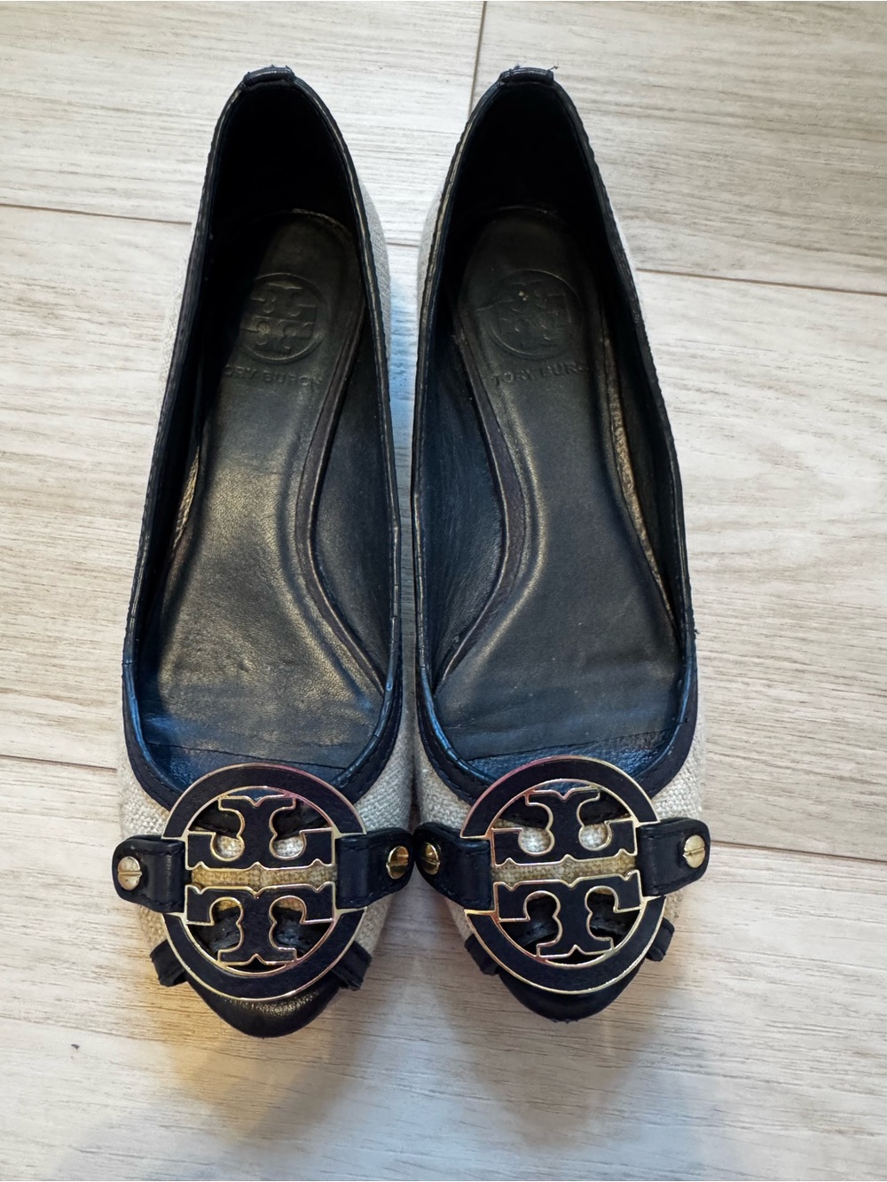 Tory Burch Navy Canvas Wedge EUC